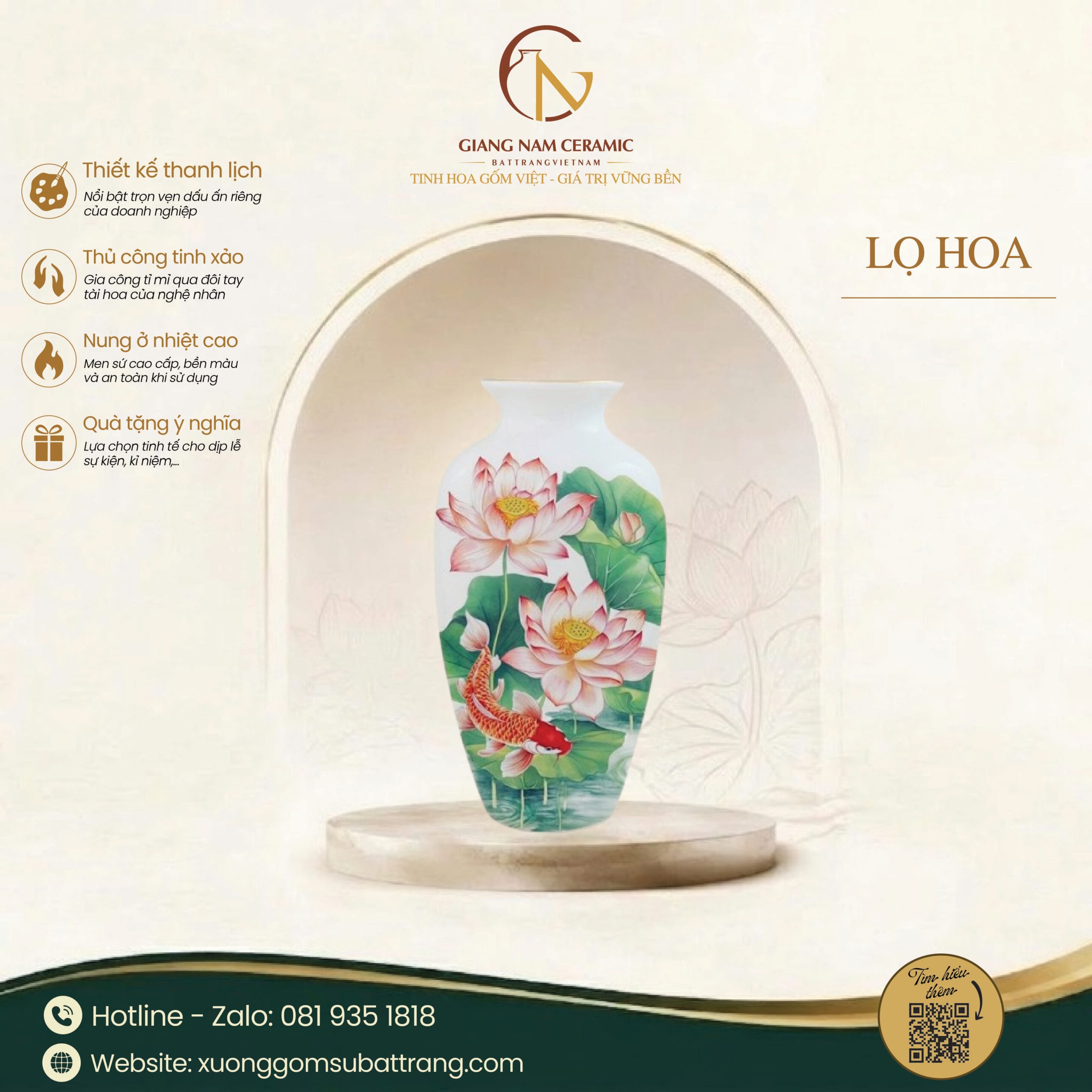Lọ Hoa Bát Tràng Vẽ Cá Chép Hoa Sen 1 Lọ Hoa Bát Tràng Vẽ Cá Chép Hoa Sen