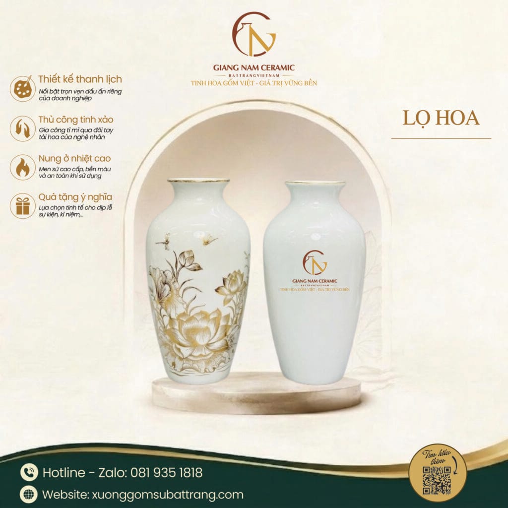 Lọ Hoa Sứ Trắng Bát Tràng Hoa Sen Vẽ Vàng Kim