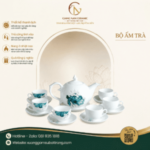Bộ Ấm Chén Chóp Lửa Vẽ Họa Tiết Hoa Xanh