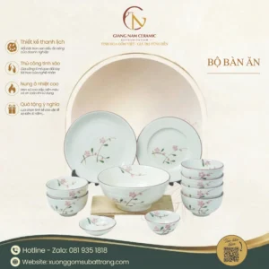 Bộ Đồ Ăn Hoa Đào Hồng Men Kem