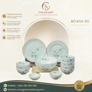 Bộ Đồ Ăn Hoa Đào Xanh Men Kem