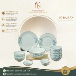 Bộ Đồ Ăn Sứ Trắng Họa Tiết Hoa Sen Xanh