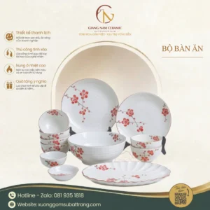 Bộ Bát Đĩa Men Kem Vẽ Đào Hồng