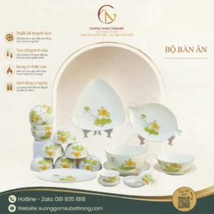Bộ Bát Đĩa Bát Tràng Vẽ Sen Cam