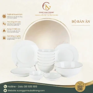 Bộ Bát Đĩa 12 Món Men Sứ Trắng Kẻ Vàng