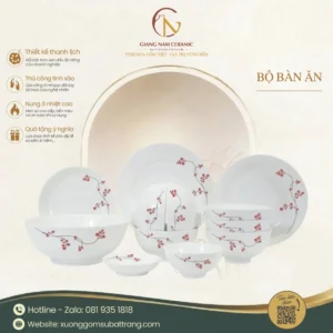 Bộ Bát Đĩa 12 Món Men Sứ Trắng Vẽ Đào Đỏ
