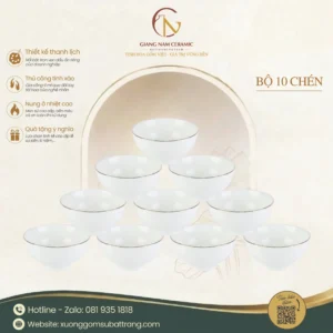 Bộ 10 Chén Cơm Sứ Trắng Kẻ Chỉ Vàng