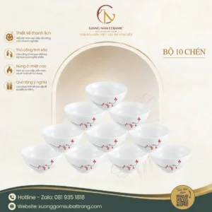 Bộ 10 Chén Cơm Sứ Trắng Vẽ Hoa Đào