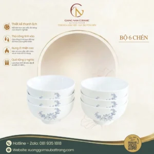 Bộ 6 Chén Cơm Vẽ Hoa Xanh