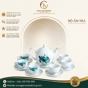 Bộ Ấm Chén Dáng Minh Long Vẽ Họa Tiết Hoa Xanh