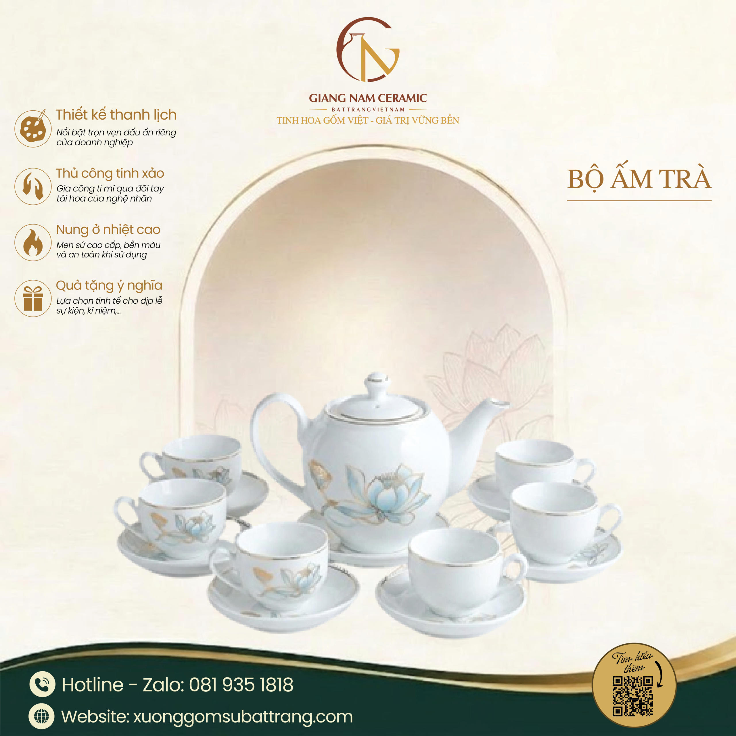 Bộ Trà Trắng Dáng Minh Long Hoa Sen Xanh Kẻ Chỉ Vàng 1 Bộ Trà Trắng Dáng Minh Long Hoa Sen Xanh Kẻ Chỉ Vàng