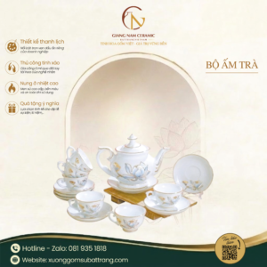 Bộ Ấm Chén Hoa Sen Kẻ Chỉ Vàng Dáng Phú Quý