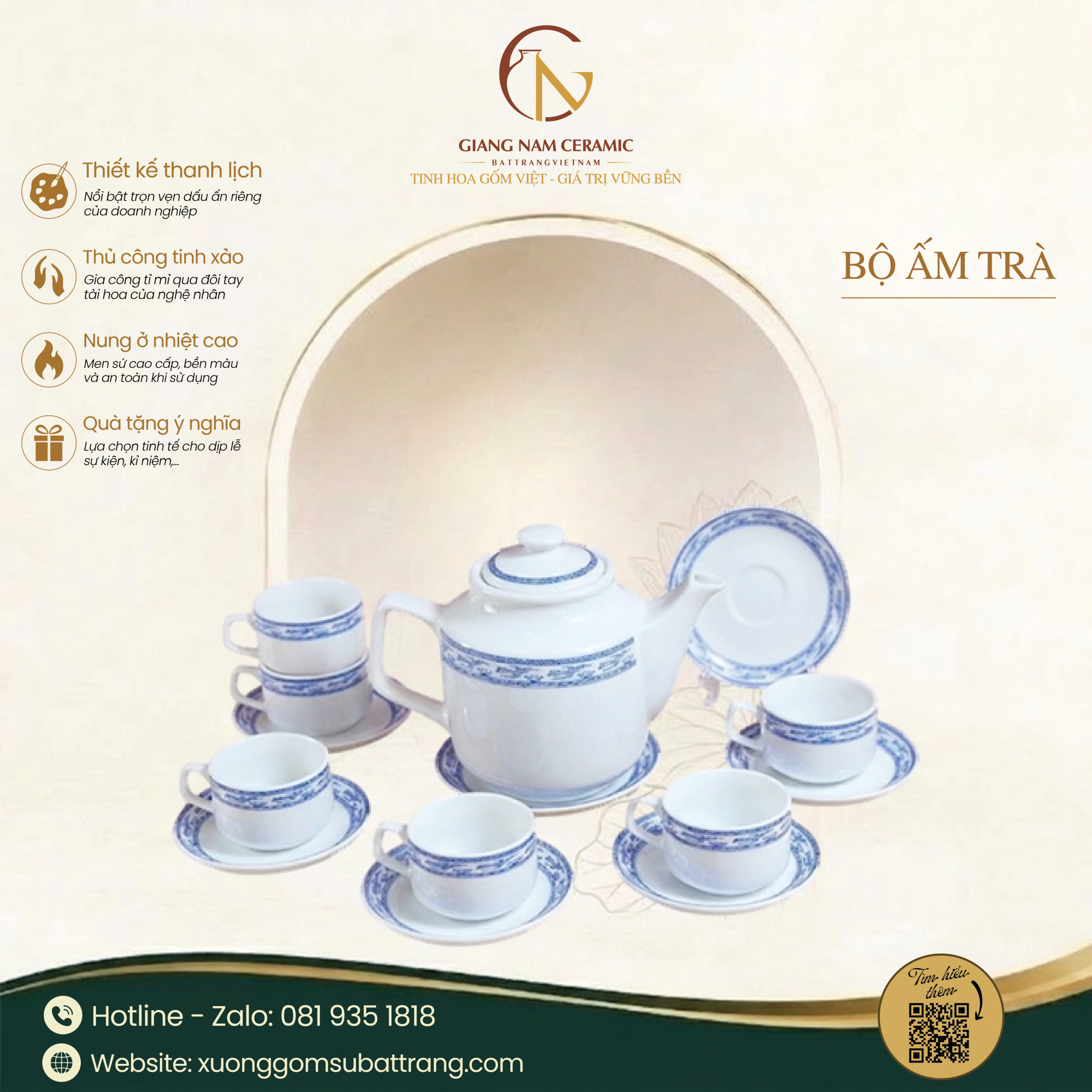 Bộ Ấm Trà Vuông Cao Viền Chim Hạc 1 Bộ Ấm Trà Vuông Cao Viền Chim Hạc