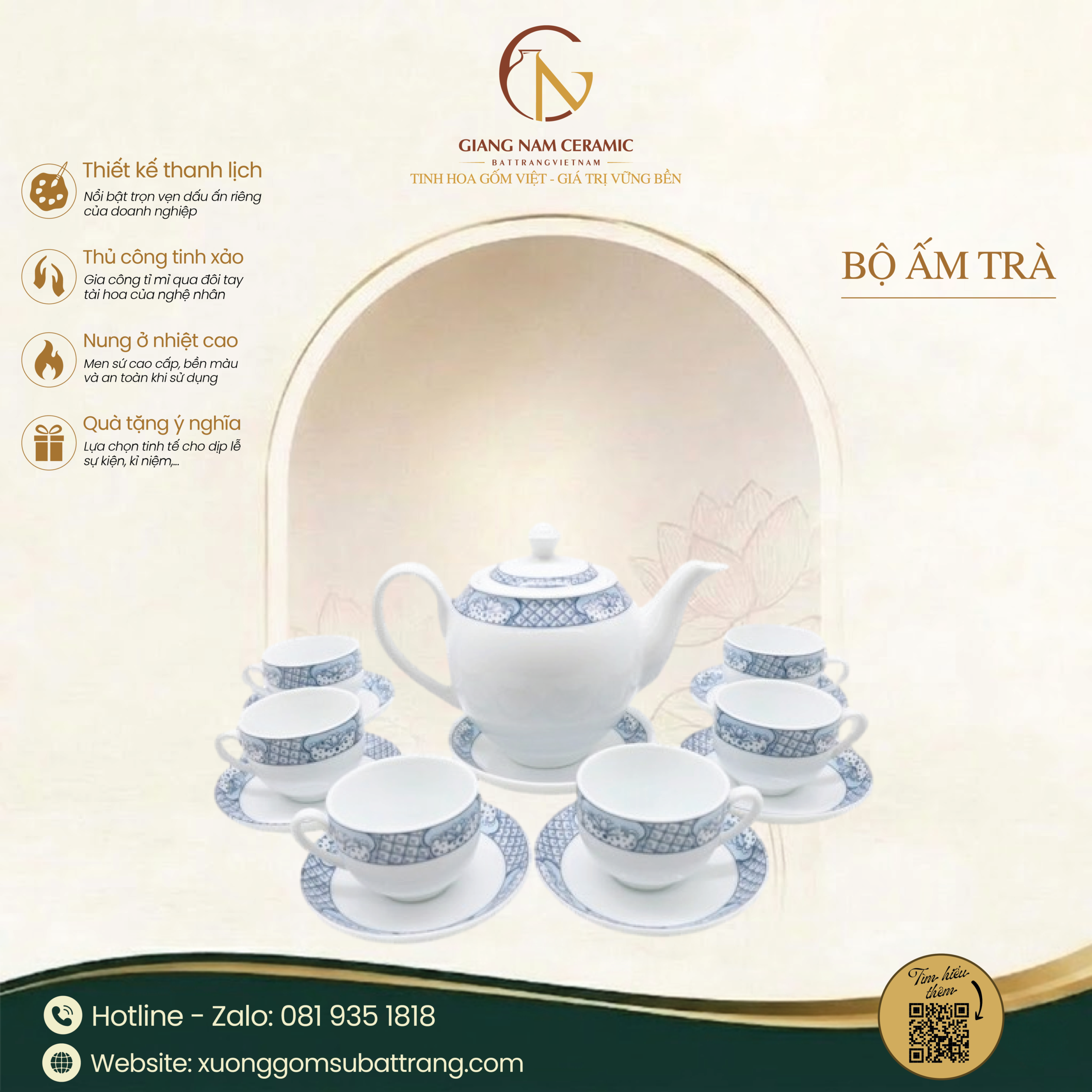 Bộ Ấm Trà Dáng Minh Long Hoa Văn Lam 1 Bộ Ấm Trà Dáng Minh Long Hoa Văn Lam