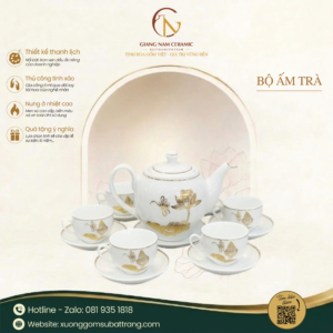 Bộ Ấm Trà Dáng Minh Long Sen Chuồn Kẻ Chỉ Vàng