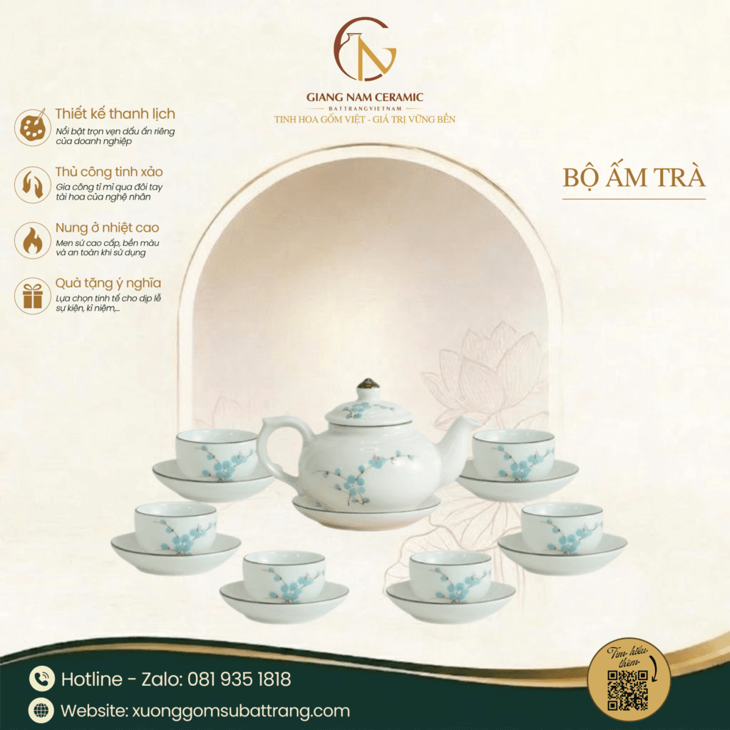 Bộ Ấm Trà Ba Men Ngà Hoa Đào Xanh Vẽ Tay