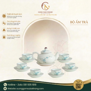 Bộ Ấm Trà Ba Men Ngà Hoa Đào Xanh Vẽ Tay