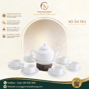 Bộ Ấm Trà Dáng Vuông Quai Sứ Trắng
