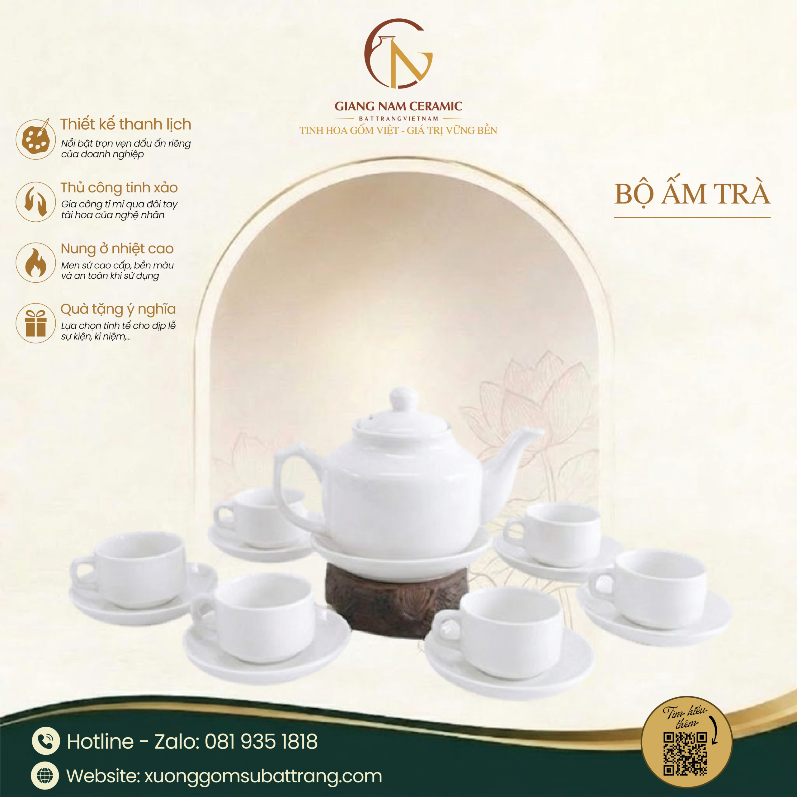 Bộ Ấm Trà Dáng Vuông Quai Sứ Trắng 1 Bộ Ấm Trà Dáng Vuông Quai Sứ Trắng