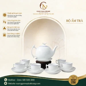 Bộ Ấm Trà Bưởi Cành Viền Chỉ Xanh Dương
