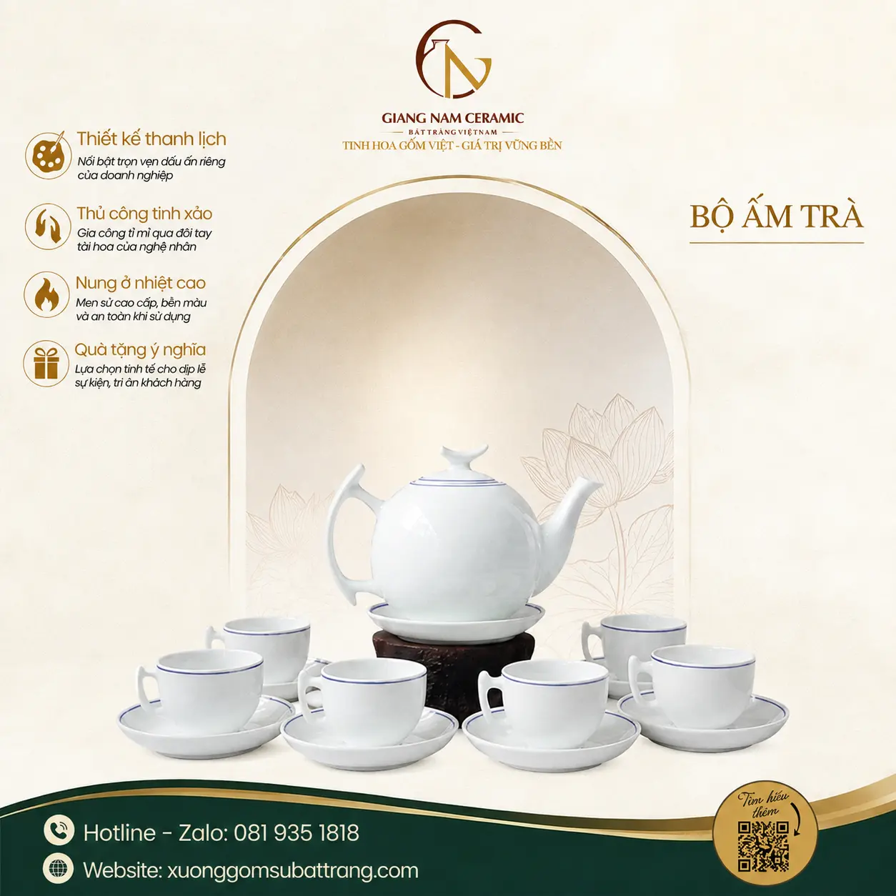 Bộ Ấm Trà Bưởi Cành Viền Chỉ Xanh Dương 1 Bộ Ấm Trà Bưởi Cành Viền Chỉ Xanh Dương