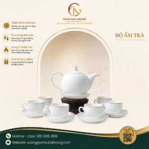Bộ Ấm Trà Mẫu Đơn Viền Chỉ Vàng