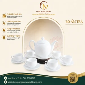 Bộ Ấm Trà Sứ Trắng Dáng Minh Long