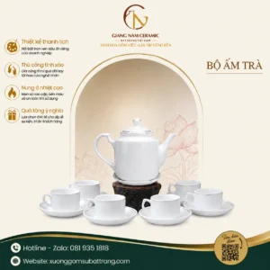 Bộ Ấm Chén Sứ Trắng Dáng Vuông Cao
