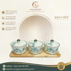 Khay 3 Hũ Mứt Tết 3 Vẽ Hoa Sen Xanh