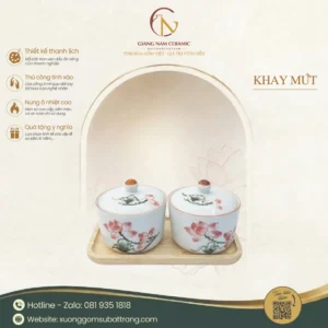 Khay Mứt Sứ Bát Tràng 2 Hũ Hoa Sen Hồng