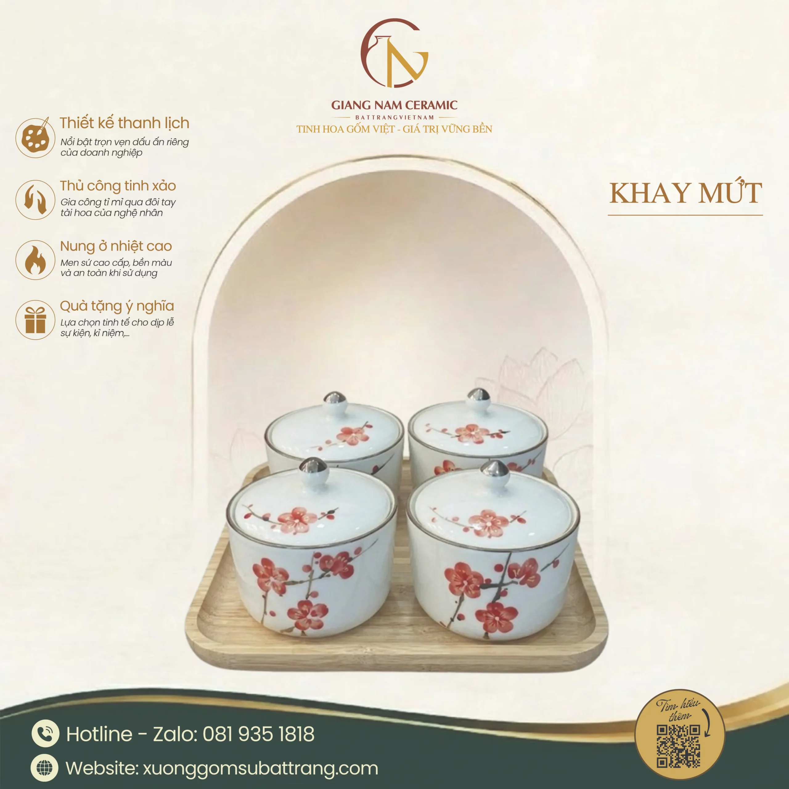 Khay 4 Hũ Mứt Tết Dáng Tròn Vẽ Hoa Đào Đỏ 1 Khay 4 Hũ Mứt Tết Dáng Tròn Vẽ Hoa Đào Đỏ