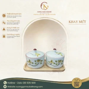Khay Mứt Sứ Bát Tràng 2 Hũ Mứt Hoa Sen Vàng