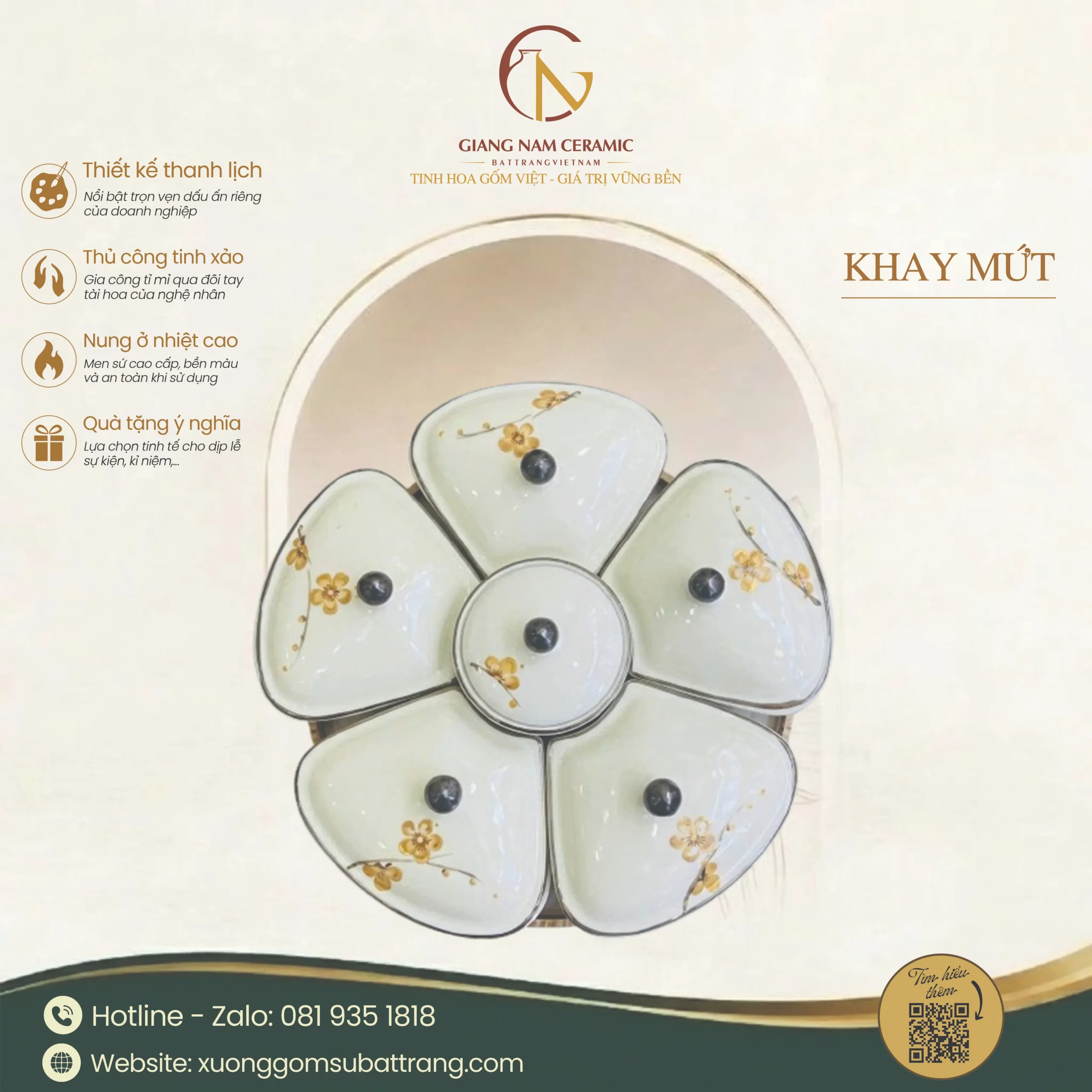 Khay Mứt Bát Tràng Dáng Bông Hoa Vẽ Đào Cam 1 Khay Mứt Bát Tràng Dáng Bông Hoa Vẽ Đào Cam