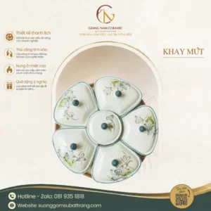 Khay Mứt Sứ Bát Tràng Dáng Bông Hoa Họa Tiết Hoa Cỏ