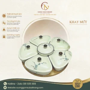 Khay Mứt Sứ Bát Tràng Dáng Bông Hoa Họa Tiết Sen Xanh