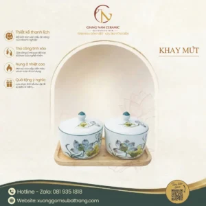 Khay Mứt Sứ Bát Tràng 2 Hũ Tròn Vẽ Sen