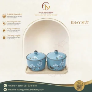 Khay Mứt Sứ Bát Tràng 2 Hũ Khay Gỗ Họa Tiết Hoa Đào Trắng