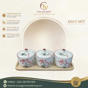 Khay 3 Hũ Đựng Mứt Tết Hoa Sen Hồng