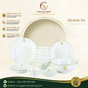 Bộ đồ ăn men trắng vẽ chỉ vàng in logo