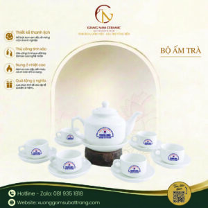 Bộ ấm chén men trắng vuông thấp in logo
