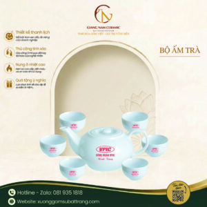 Bộ ấm trà lõm men trắng in logo công đoàn
