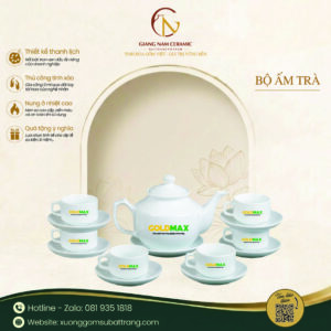 Bộ ấm trà men trắng vuông thấp in logo
