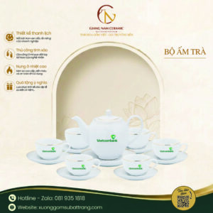 Bộ ấm trà viền chỉ vàng dáng minh long in logo ngân hàng