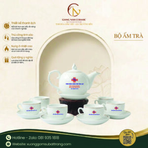 Bộ ấm trà mẫu đơn viền vàng in logo