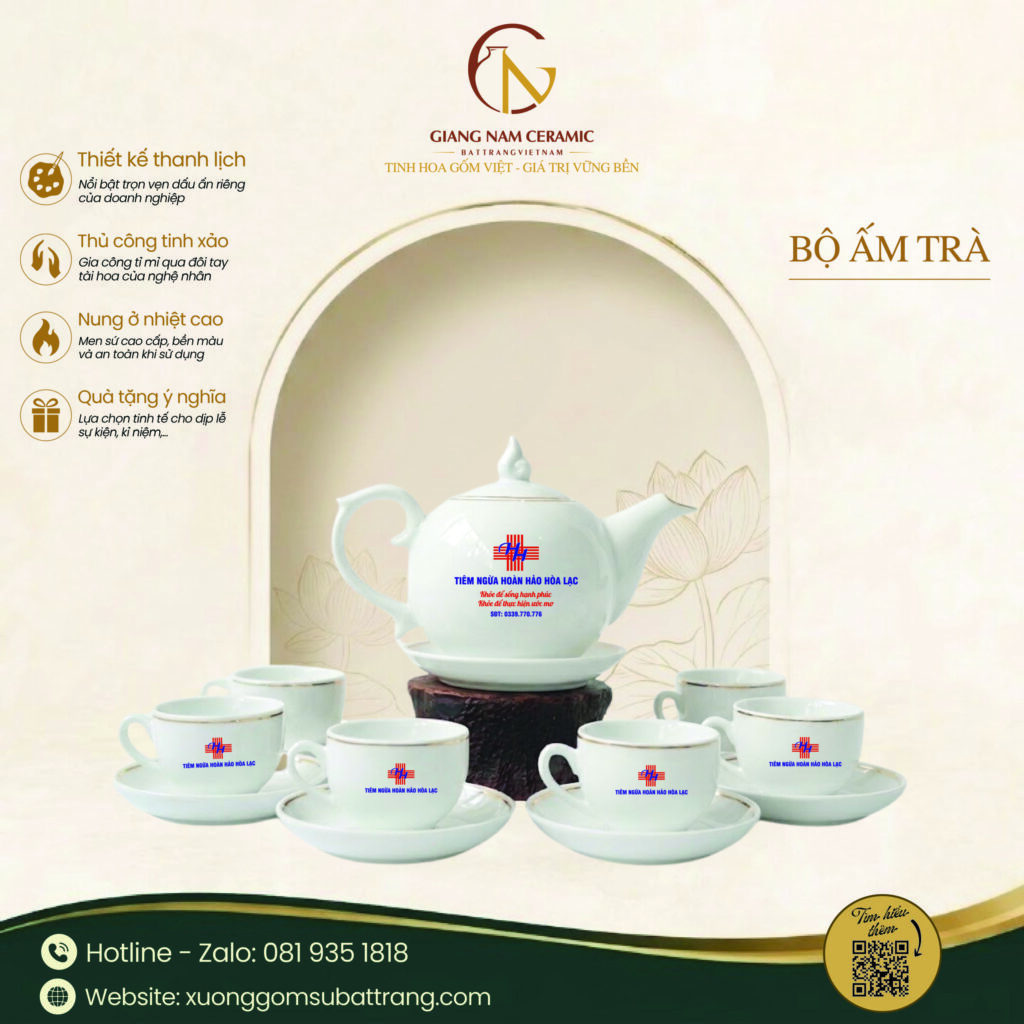 Bộ ấm trà sứ trắng in logo Bộ ấm trà sứ trắng in logo