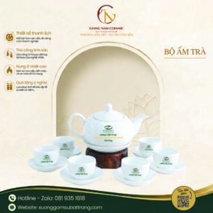 Bộ ấm trà Minh Nguyệt men trắng in logo
