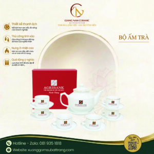 Bộ ấm trà dáng vuông thấp in logo ngân hàng