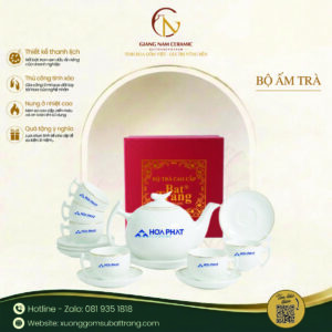 Bộ ấm trà bưởi cành men trắng vẽ chỉ vàng in logo