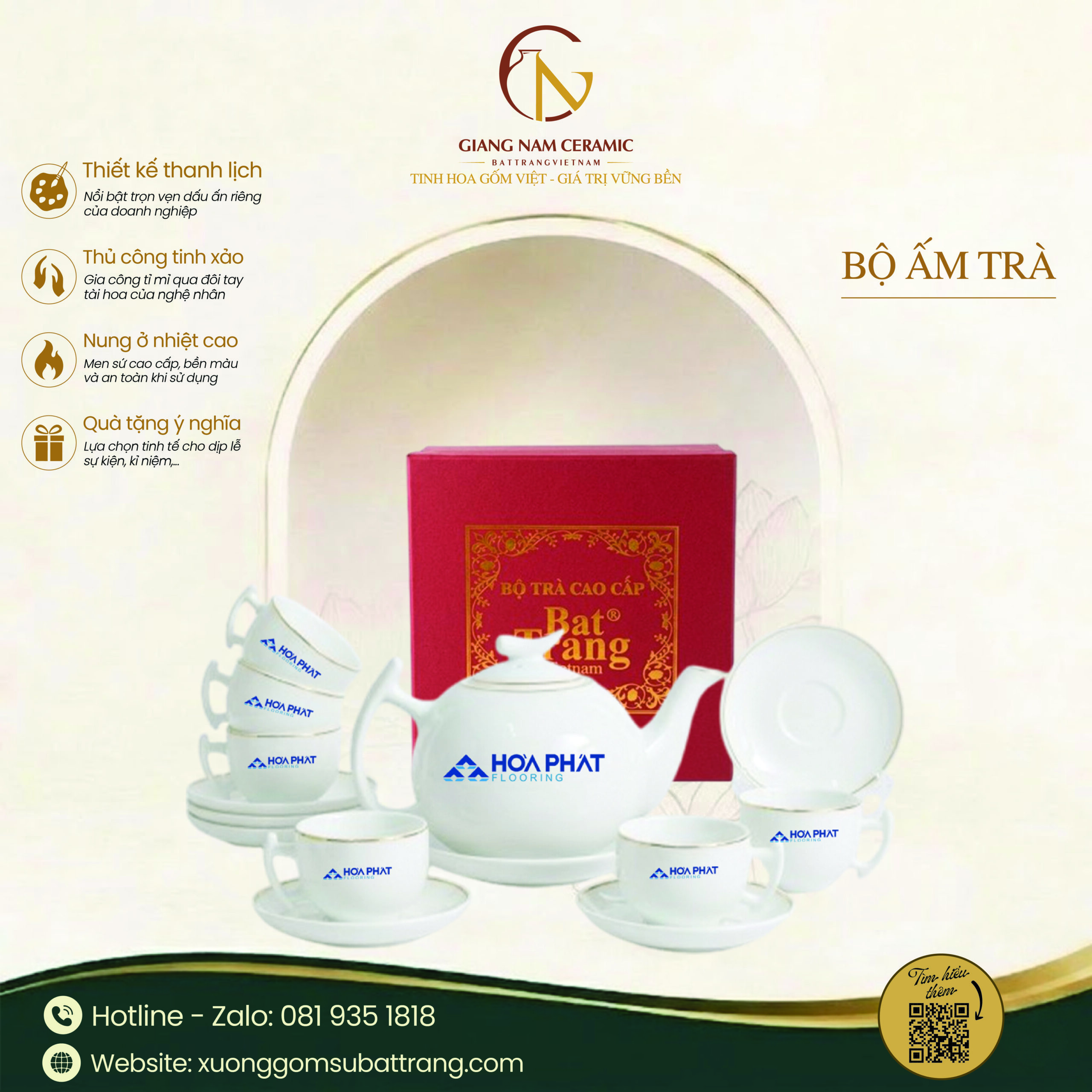 Bộ ấm trà bưởi cành men trắng vẽ chỉ vàng in logo 1 Bộ ấm trà bưởi cành men trắng vẽ chỉ vàng in logo