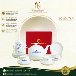 Bộ ấm trà dáng bưởi cành vẽ chỉ vàng in logo doanh nghiệp